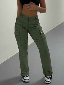 GILIPUR 新款橄榄绿女士工装阔腿裤，多口袋设计，复古优雅，适合日常休闲穿着，春、秋、冬三季皆宜，也适合新年、情人节等节日穿着。也可作为礼物赠送。适合外出、约会和办公穿着。 - 軍綠色 - 查看 6