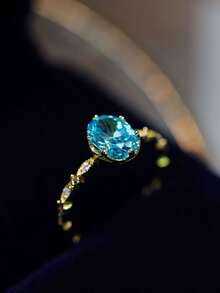 Gift Box Set Elegant Aquamarine & Rhinestone Heart Shaped Gold Plated Copper Ring, Suitable For Women Wedding, Engagement, Valentine's Day & Birthday Gift Christmas Gift Valentines - Gold + Aquamarine - View 11