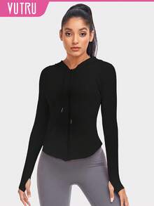 VUTRU Solid Drop Shoulder Hooded Sports Jacket - Black - View 1