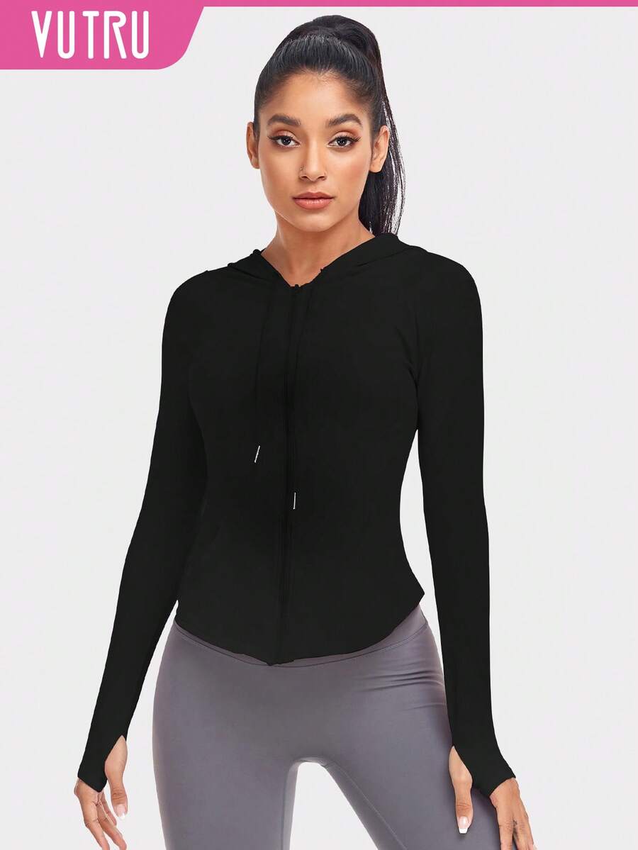 VUTRU Solid Drop Shoulder Hooded Sports Jacket - Black - View 1