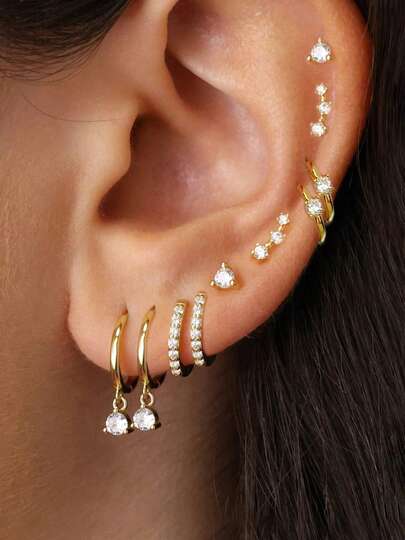 10/6 pezzi Set di orecchini ad anello e a perno in rame e zirconia cubica semplici e alla moda, regalo unisex per coppia, sorella, adatto per vacanza, appuntamento, uso quotidiano, festa, matrimonio, adatto per mamma, amici