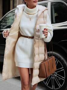 Casual Solid Color Drawstring Waist Sleeveless Hooded Jacket, Versatile For Winter - Beige - View 3