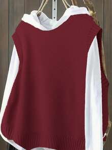 Áo len cổ tròn màu trơn thường ngày cỡ lớn - Màu Đỏ Sâu - Xem 3