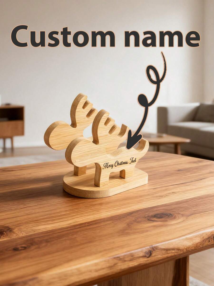 1pc, Personalized Custom Bamboo Reindeer Phone Stand, Laser Engraved, Personalized Custom Name, Custom Bamboo Phone Holder, Suitable For Desktop, Travel, Business, And Outdoor Use, Ideal For Home, Office, Unique Gifts Or Souvenirs. - Khaki - View 1