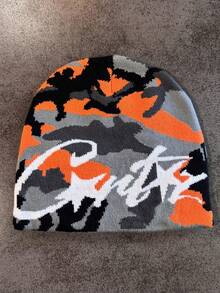 1 pieza Gorro de punto minimalista y casual con estampado de camuflaje para hombres, accesorio de moda versátil y cálido para uso al aire libre, uso diario, otoño/invierno