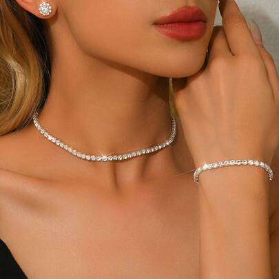 Kit 2 Colar e Pulseira Riviera Cristal Zircônia  banhado à prata 925