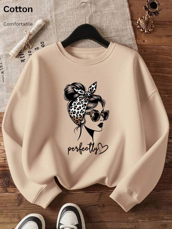 Warmes Damen-Sweatshirt mit Rundhalsausschnitt, Damen-Oberteil aus Baumwolle, Oversize-Sweatshirt mit Kurven, Portrait-Mode-Kopftuch mit Leopardenmuster, Sonnenbrille, personalisierter Musterdruck, warmes Fleecefutter für Herbst und Winter, lockeres, lässiges Sweatshirt, vielseitig, Retro-/Preppy-Stil, weiches und atmungsaktives Ausgeh-Oberteil, geeignet für Kleidung bei kaltem Wetter, Langarm-Oberteil, Damen-Streetwear-Sportoberteile, Damenbekleidung, Rundhals-Sweatshirt für Reisen, Italien-Seeater, Aprikosen-Oberteil für Halloween-Festivalkostüme