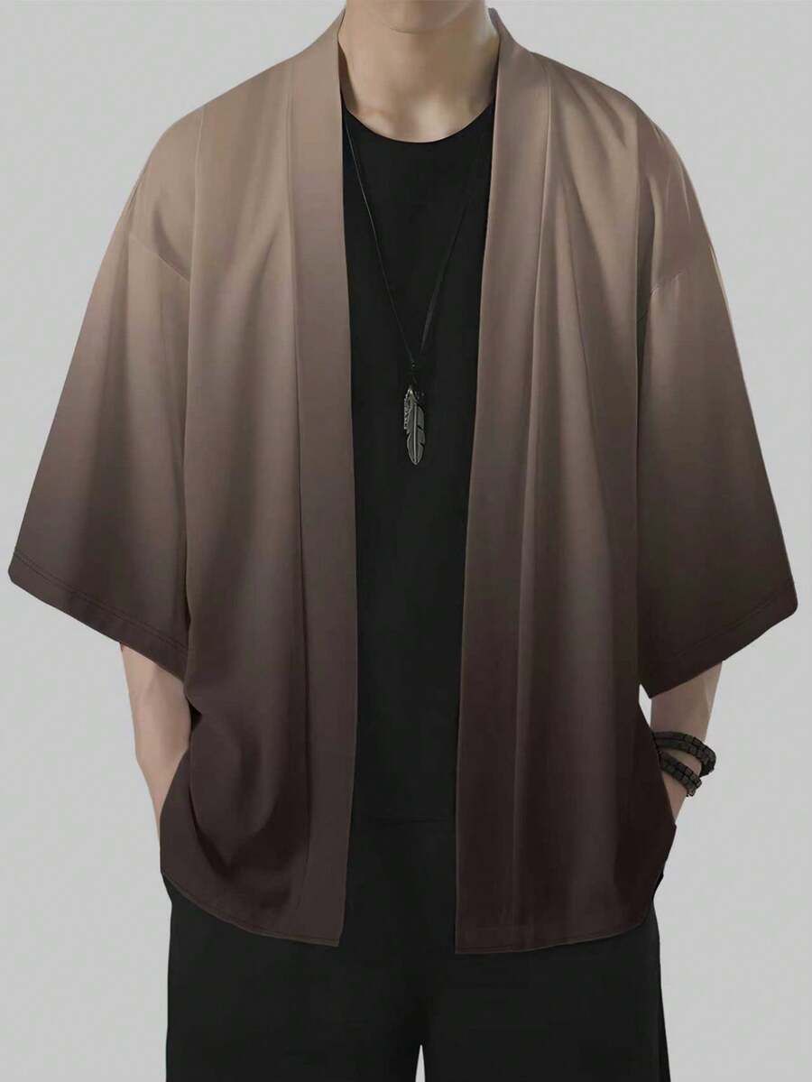 男士休闲时尚开衫、渐变色印花上衣、服装 - 巧克力棕 - 查看 1