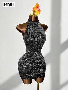 RNU 彩色亮片露背弹力性感紧身连衣裙，适合约会、嘉年华、派对、夜店、街头、情人节、新年、生日，春夏秋冬皆宜。 - 彩色 - 查看 4