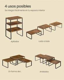 Estante para Especias, Juego de 3, Organizador de Armario, Apilables, Especieros Extensibles, Metal y Madera de Ingeniería, Marrón Rústico y Negro Mate - Marrón - Ver 4