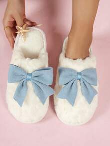 Women Fashionable Cute Bow Plush Fluffy Slippers Soft Bottom Comfortable Room Bedroom Shoes - Màu xanh nhạt - Xem 1