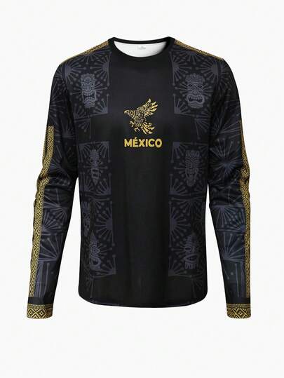 Mexican Men's Long Sleeve Sweatshirt, Crew Neck Comfortable Athletic Long Sleeve Top, Decorated With Mayan Civilization Print, Suitable For Mexican Matches, Soccer Training, Daily Fitness, Also Can Be Casual Or Gift