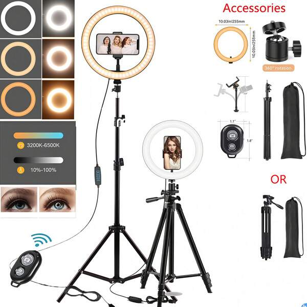 Anillo de luz selfie de 10 pulgadas, luz para teléfono celular con soporte para teléfono, trípode giratorio y luz LED anular de 10" regulable en 3 colores con temperatura de color ajustable - Iluminación de estudio alimentada por USB con 120 LED, cuello de ganso giratorio 360°, trípode y soporte para teléfono, sin batería, ideal para selfies, grabación de video, vlogging, transmisión en vivo, fotografía y maquillaje