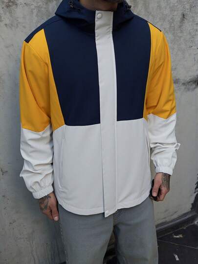 1pc Men's Color Block Hooded Jacket, Suitable For Streetwear And Outdoor Sports, Autumn/Winter Outerwear