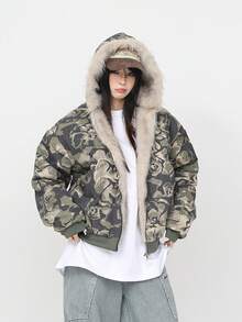 This  Casual, Washed Camouflage Down Jacket Features A Hood, Thick Padding, And A Versatile Design. It's A Versatile Nylon Down Jacket With A Loose Fit And Slim Fit. It's A Versatile, Cut-And-Sew Casual Jacket With A Zipper And Contrasting Faux Fur Accents, Perfect For School Or The Office. - Army Green - View 5