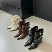 Bottines à talons hauts, talon épais, bout pointu, bottes courtes pour femmes, automne et hiver, nouvelles bottes à rivets avec boucle de ceinture et manches à la mode pour femmes - Noir - Voir 2