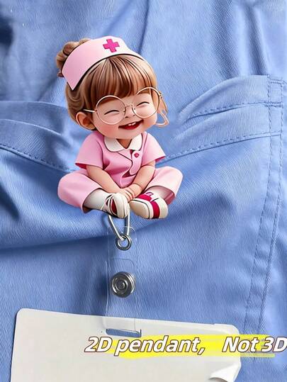 2D 平面亚克力护士女孩证件卡套 - 可伸缩卡扣，耐用标签，适合医学生和执业护士 - 耐用 PMMA 材质，适用于工作场所身份识别、医疗标签夹 | 趣味设计 | 耐用亚克力材质，护士配件，返校季，教师礼物