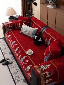 1PC Christmas Holiday Decor Sofa Cushion Chenille Jacquard Seat Pad With Reindeer And Christmas Tree Pattern, All-Season Non-Slip Sofa Cover Machine Washable - Red - View 4