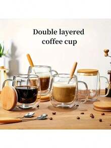 4-Piece Set 350ml/11.84oz, With Lid And Spoon, Double Layered Coffee Cup With Handle, Transparent Glass Coffee Cup, Suitable For Iced Coffee, Teacups, Latte Drinks, Heat-Resistant Glass Cup, Suitable As Male Gift, Female Gift, Birthday Gift - 透明 - 查看 10