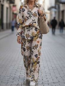 Conjunto de camisa con cuello y pantalones con estampado floral casual de vacaciones, elegante para primavera - Albaricoque - Ver 4