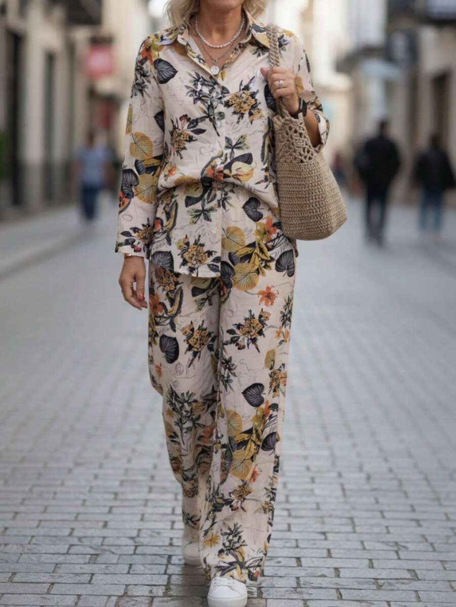 2pcs Vintage Print Set, Comfortable & Versatile, With Lapel Wide-Leg Pants; Suitable For Airport, Island Vacation Or Daily Shopping Spring Elegant, Aesthetic