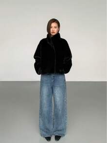 女士奢华黑色仿皮草大衣常规版型长袖立领夹克 - 黑色 - 查看 9