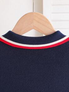 Girls' Collared Long Sleeve Sweater Dress, School Style - Navy Blue - View 6