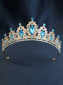 4件套优雅水钻莱茵石女王皇冠项链套装，新娘婚礼头饰，派对巴洛克风格珠宝情人节配饰 - 湖藍色 - 查看 4
