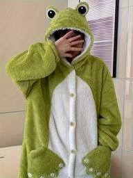 Cartoon Frog Hooded Bathrobe, Pajamas, Home Clothes, Coral Fleece Thickened Plush Warm And Comfortable Cardigan Pajamas, Funny Cute Pockets, Soft And Warm, Cute Frog Winter Plush Warm Home Pajamas Dress, Suitable For Autumn And Winter, Warm, Gift, Couple Outfit, Christmas Gift, New Year Gift