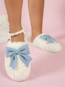 Women Fashionable Cute Bow Plush Fluffy Slippers Soft Bottom Comfortable Room Bedroom Shoes - Màu xanh nhạt - Xem 3