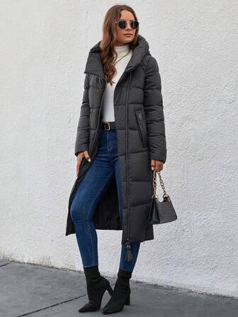 GASMAN Women's Solid Color Long Sleeve Zip-Up Hooded Long Casual Padded Coat, Winter