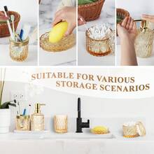 Gold Bathroom Accessories Set, 5 Pcs Glass Bathroom Accessories With Lotion Soap Dispenser, Soap Dish, Toothbrush Holder, Tumbler, Cotton Swab Jars, Perfect For Bathroom Theme Gift Bathroom Organizer Storage Back To School - 金色 - 查看 9