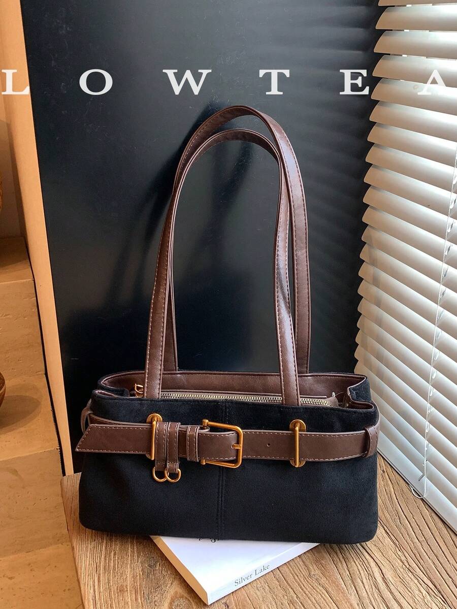 1 件 Low Tea 纯色绒面革单肩包，女士复古时尚方形单肩包，顶部双提手，拉链开合，适合旅行、购物、约会、女士礼物，非常适合通勤、户外、旅行、徒步旅行