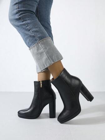 Timesize Schwarze Plateau-Ankle-Boots mit dicker Sohle, wasserdicht, Damen Mode Stiefeletten, Absatzstiefel, Winterstiefel