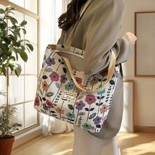 Lightweight Printed Canvas Shopping Bag, Cosmetic Bag, Zipper Closure, No Lining, Multi-Function Attendance Handbag, Suitable For Casual Shopping And Storage - Màu Đỏ Sâu - Xem 4