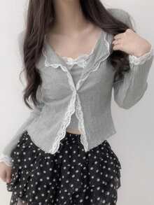 Lace Trim Long Sleeve Top And Camisole Set Spring - Grey - View 4