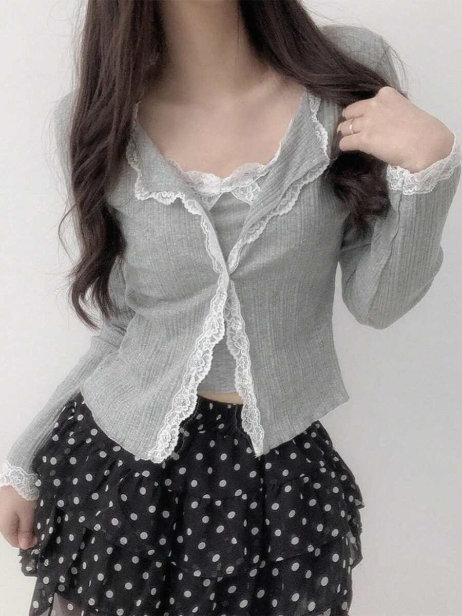 蕾丝边长袖上衣和吊带背心套装 春季 - 灰色 - 查看 1