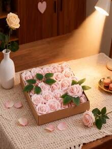 25 pièces/1 paquet Roses artificielles roses réalistes de haute qualité avec tiges, emballage en sac OPP (sans boîte-cadeau incluse) - Parfait pour les cadeaux de la Saint-Valentin, les décorations de la Saint-Valentin, les bouquets de mariage DIY, les centres de table pour la fête des mères, la décoration de la maison, la décoration de la chambre