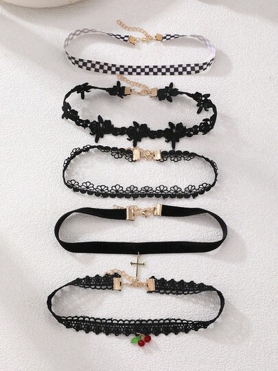 5pcs/Set Girls' Ribbon Choker Necklace Set, Black & White Checkerboard, Cherry Pendant, Suitable For Daily Decoration