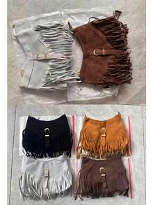 DAZY 1pc Fringed Decor Solid Color Suede/PU Leather Crossbody Bag, For Women Everyday Use - Coffee - View 12