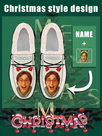 Women's Christmas Custom Fur-Lined Loafers, Custom Personalized Photo & Name Design, Warm Soft Slip-On Winter Shoes For Men & Women, Perfect Gift For Christmas
