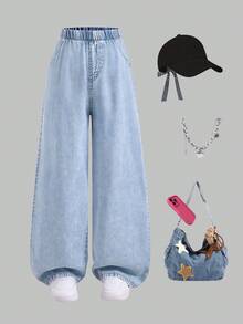 1 件女童休闲简约浅蓝色牛仔布，舒适日常穿着，春秋季 - 淺色水洗藍 - 查看 1