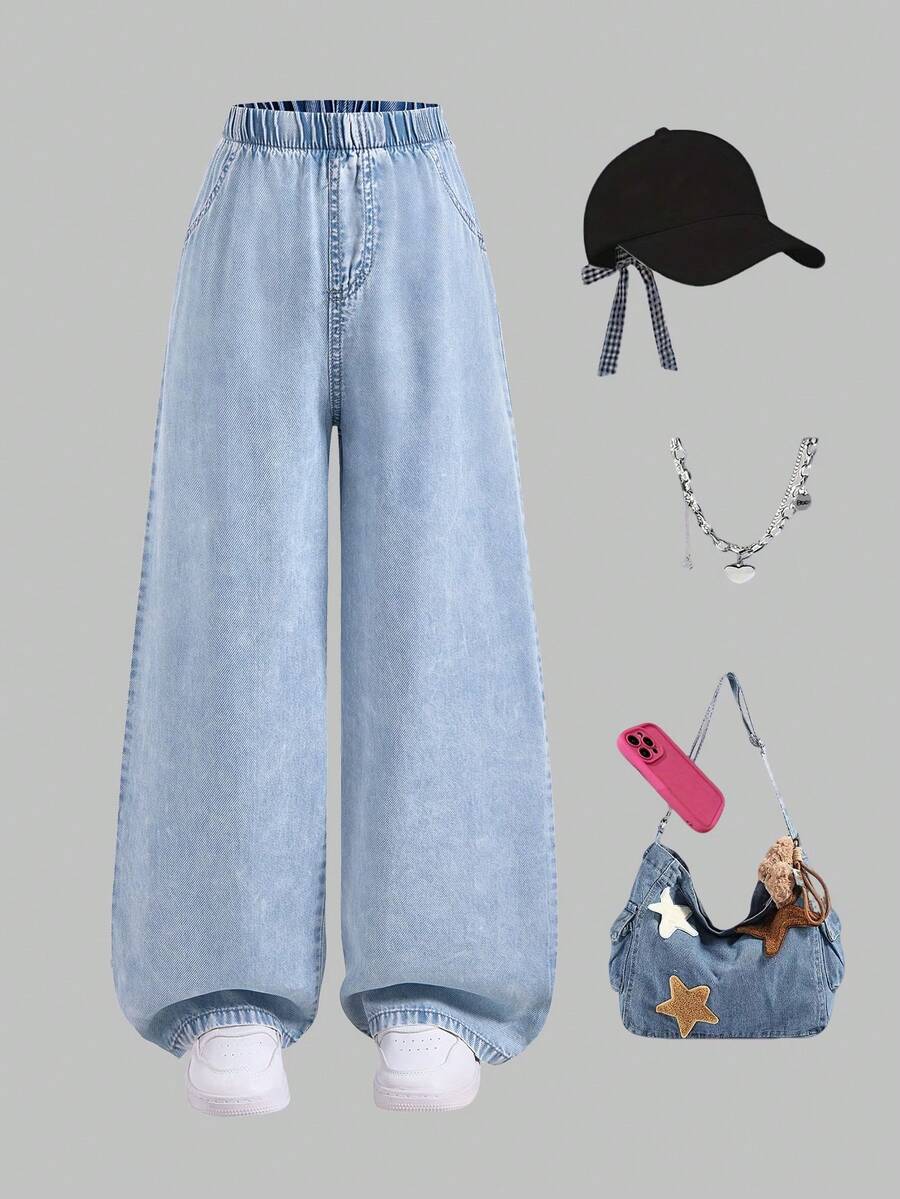 1 件女童休闲简约浅蓝色牛仔布，舒适日常穿着，春秋季 - 淺色水洗藍 - 查看 1