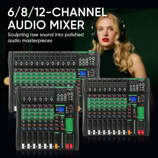 6/8/12-Channel Audio Mixer, Professional Music Mixing Board With Reverb, Digital DJ Mixing Console, Equipped With 48V Phantom Power And USB Port, Suitable For Recording, Karaoke And Podcasting