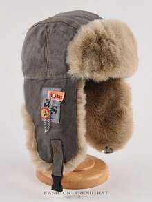 1pc Plush Plus Thickened Earmuffs Windproof Aviator Cap With Chain And Cloth Label For Men Women, Solid Color Casual Polyester Trapper Hat, Winter