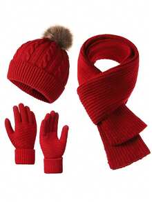 3pcs Winter 2025 New Women Thick Knitted Beanie Hat, Scarf & Gloves Set, Outdoor Cycling Warm 3 PiecesSuit, Solid Color Valentines Gift - Multicolor - View 3