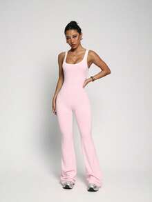 Midriff-Revealing Design, Elongates Leg Lines, Sexy Sportswear, Showcases Confident Charm, Backless Sports Jumpsuit, Cinched Waist Flare Pants Bodysuit, Butt-Lifting Activewear, Waist-Cinched Butt-Lifting Yoga Shapewear Jumpsuit - Pink - View 8