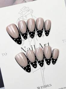 10片手工美甲贴片，杏仁尖头美甲贴片，中号，柔和裸粉色黑色美甲贴片，黑色法式美甲贴片，白色波点美甲贴片，简约优雅手工秋季美甲贴片，秋季美甲贴片，Y2K风格美甲贴片，适合节日美甲派对日常及约会海滩热带度假，DIY假指甲艺术，适合女性和女孩作为礼物，美甲用品，手工美甲贴片 - 黑色 - 查看 2