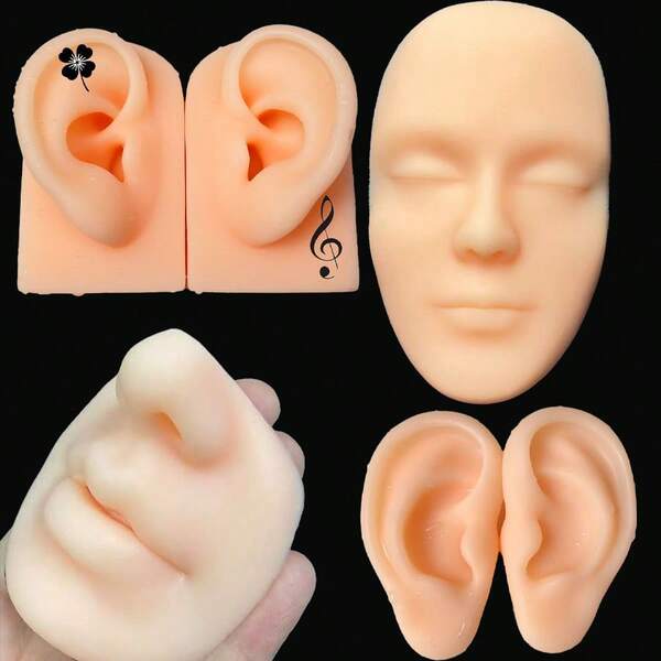 Modèle d'oreille en silicone, modèle de nez et de bouche, modèle souple et flexible de l'oreille gauche et droite pour la pratique du perçage des oreilles, parties du corps en silicone, moule d'oreille en silicone réaliste pour la présentation de bijoux, mannequin d'acupuncture pour l'enseignement