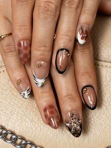 JUTI 10片手工渐变裸色美甲贴纸 | Y2K印花法式美甲贴纸，3D立体雕刻花卉设计 | 优雅假指甲，适合日常佩戴和派对 | 送给女性和女孩的礼物，美甲配件，手工美甲用品 - 彩色 - 查看 2